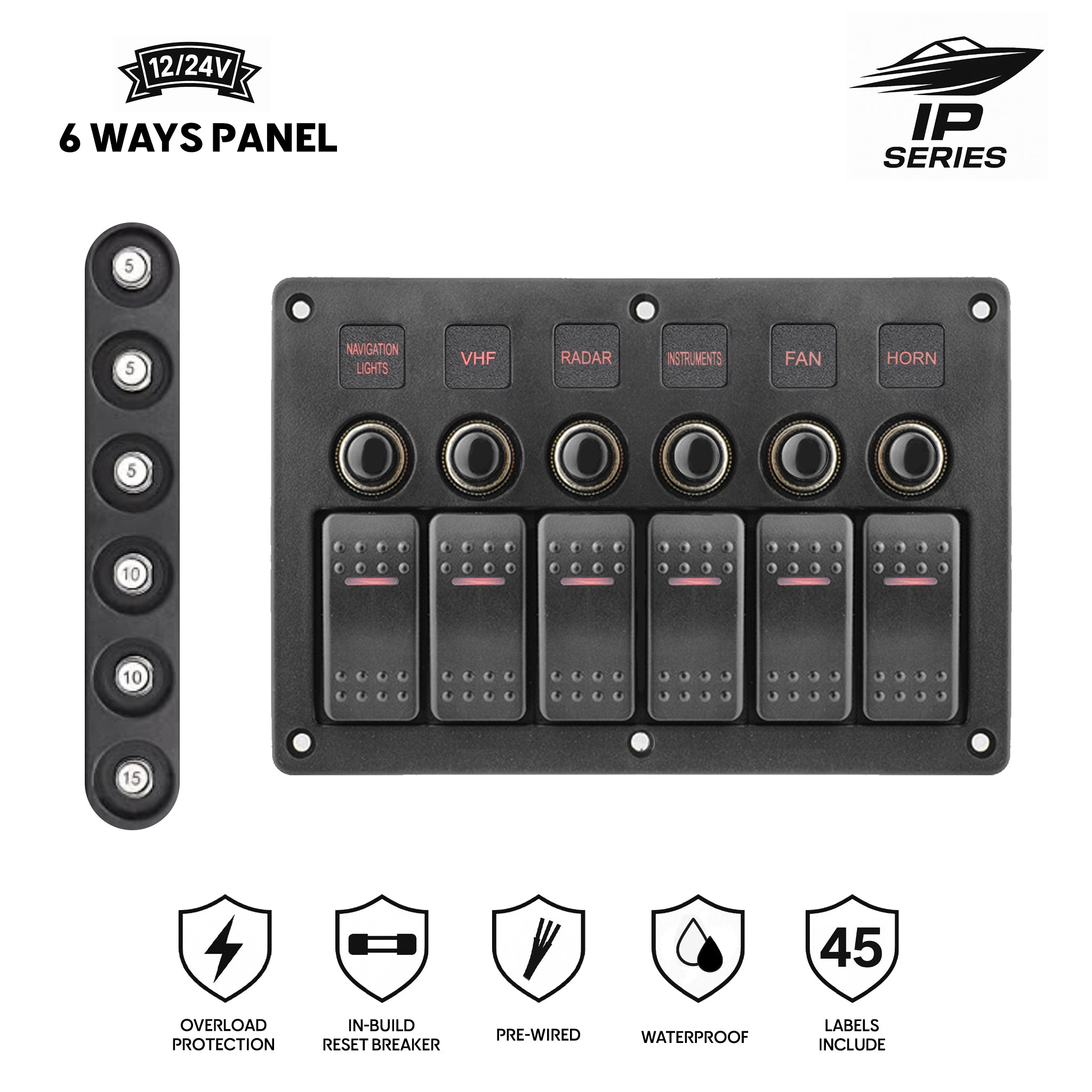 Panneau de commutateur marin 6 voies avec indicateurs LED, disjoncteurs intégrés, étanche et pré-câblé pour utilisation marine.