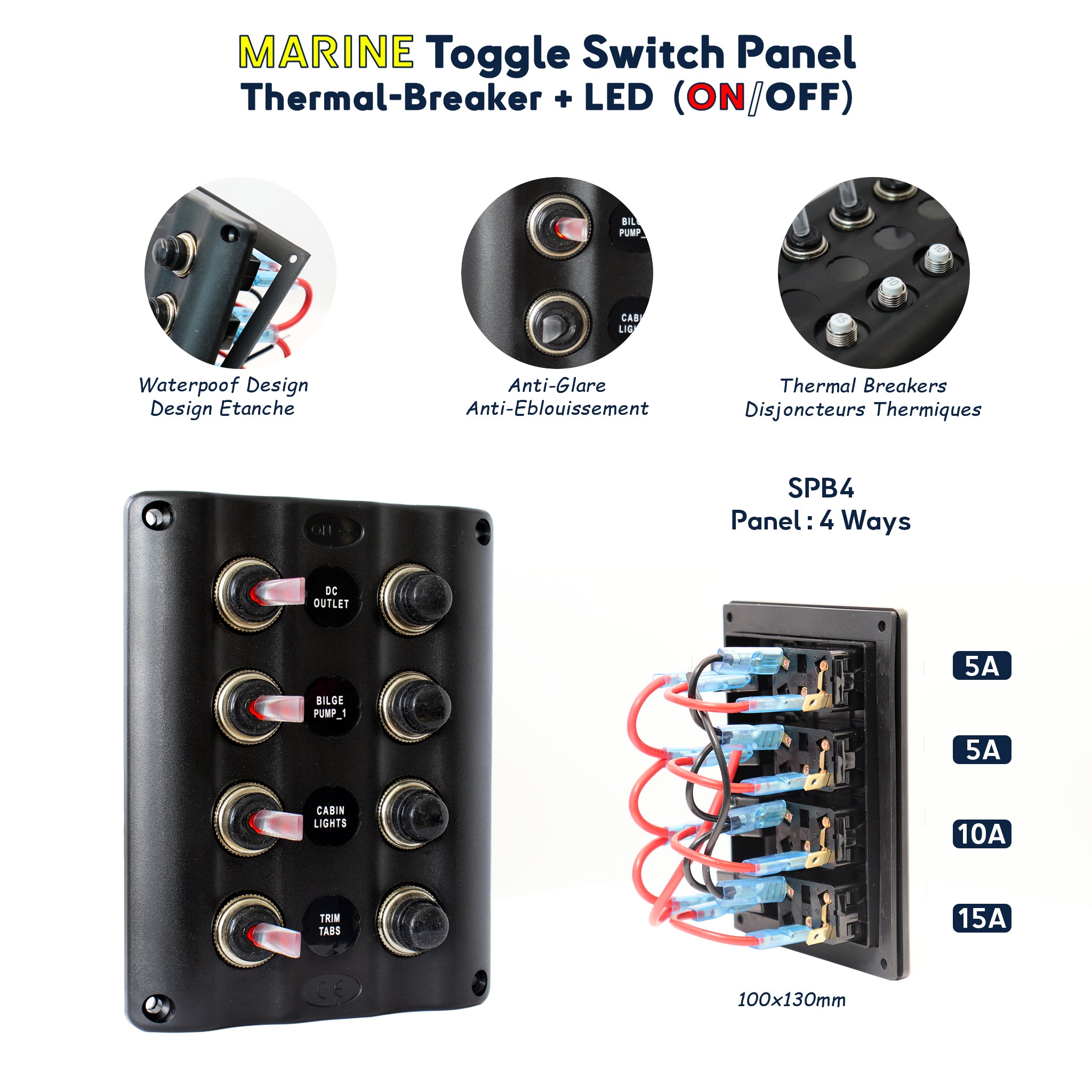 Panneau de commutateurs marins étanche SPB4 avec 4 interrupteurs à LED, disjoncteurs thermiques, idéal pour bateaux, yachts, et camping-cars - contrôle de l'alimentation, étanchéité IP65. Baywatt, manage your watt at sea