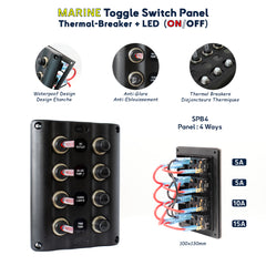 Panneau de commutateurs marins étanche SPB4 avec 4 interrupteurs à LED, disjoncteurs thermiques, idéal pour bateaux, yachts, et camping-cars - contrôle de l'alimentation, étanchéité IP65. Baywatt, manage your watt at sea