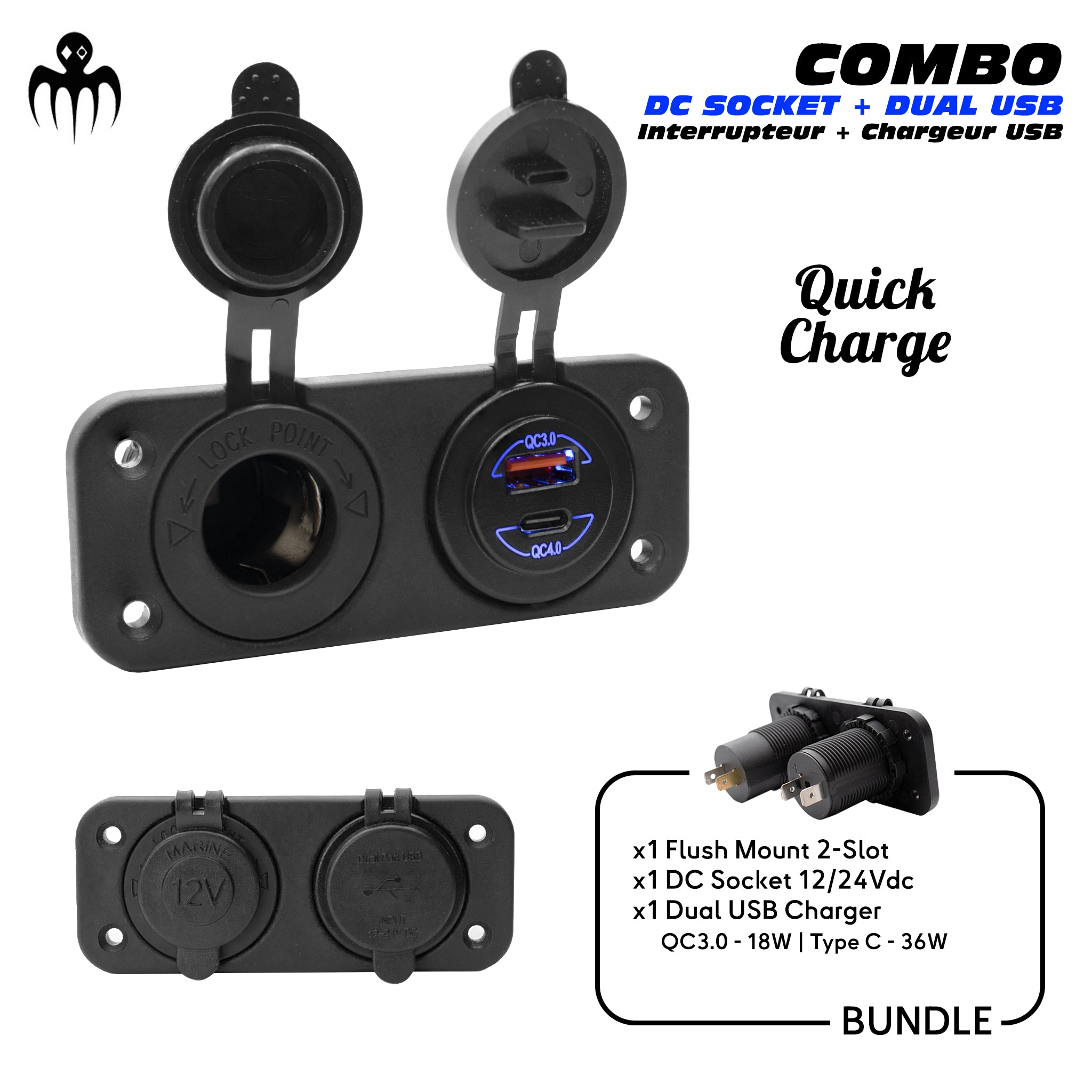 Bundle de chargeur USB marine étanche avec prise DC 12/24V et double USB, idéal pour les bateaux semi-rigides, incluant Quick Charge 3.0 et Type-C