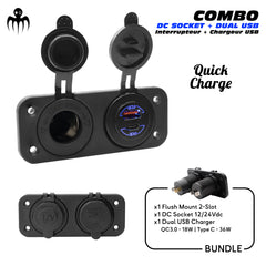 Bundle de chargeur USB marine étanche avec prise DC 12/24V et double USB, idéal pour les bateaux semi-rigides, incluant Quick Charge 3.0 et Type-C