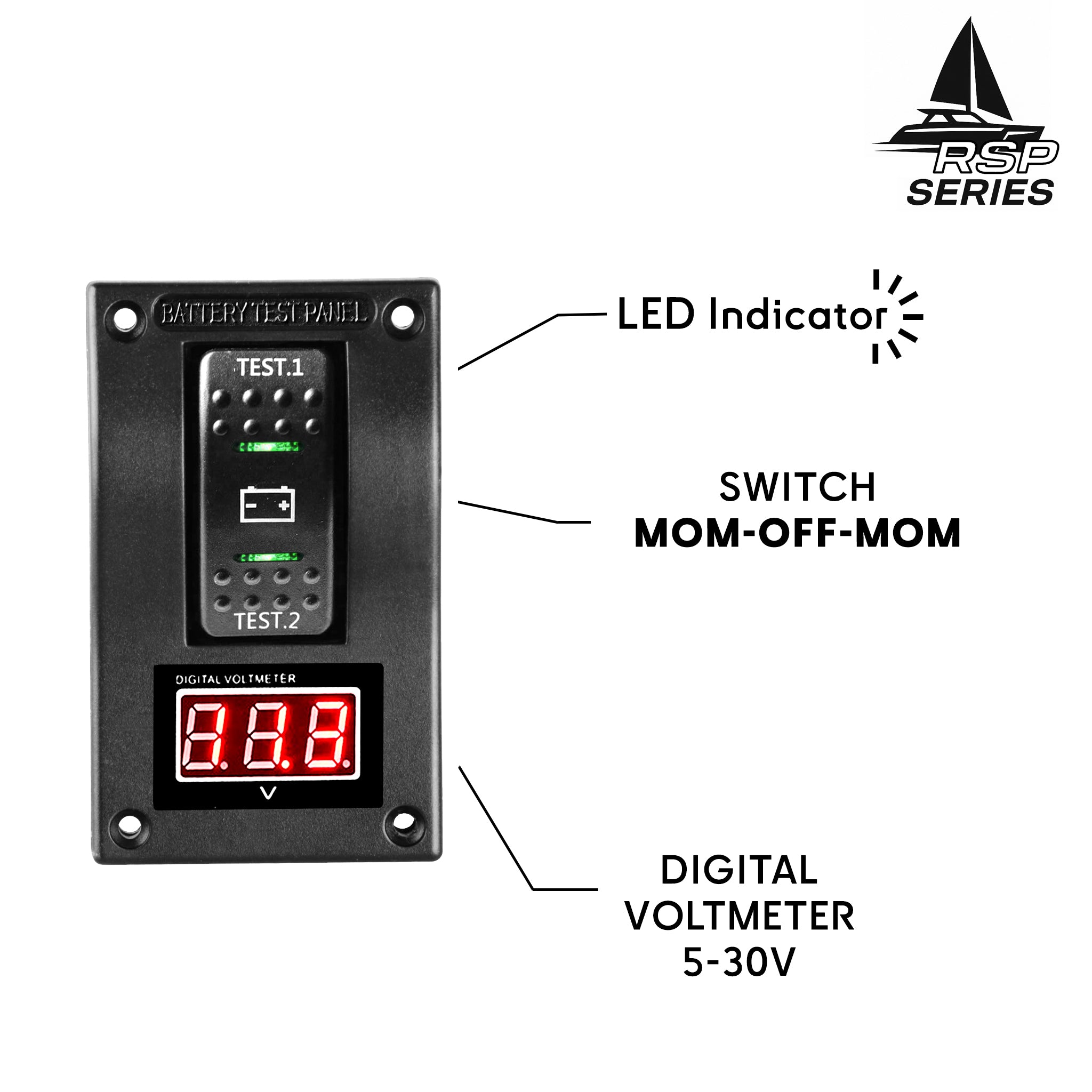 Panneau de test de batterie Baywatt RSP avec voltmètre digital 12/24V, interrupteur ON/OFF/ON et voyants LED pour sélection batterie 1 ou 2 – Vue avant