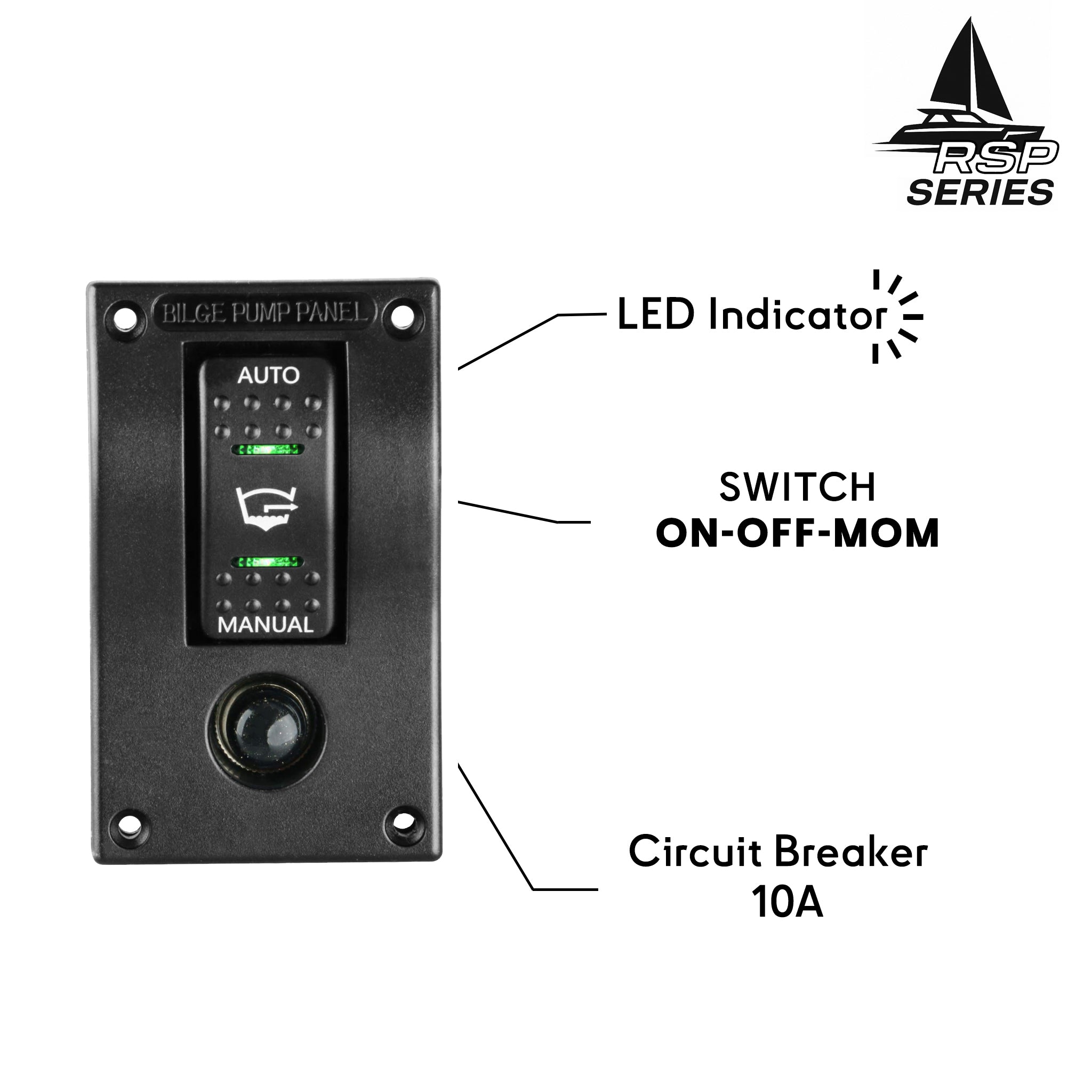 Panneau de commande étanche pour pompe de cale 12/24V avec interrupteur à bascule Auto-Off-Manuel, voyant LED et disjoncteur 10A intégré