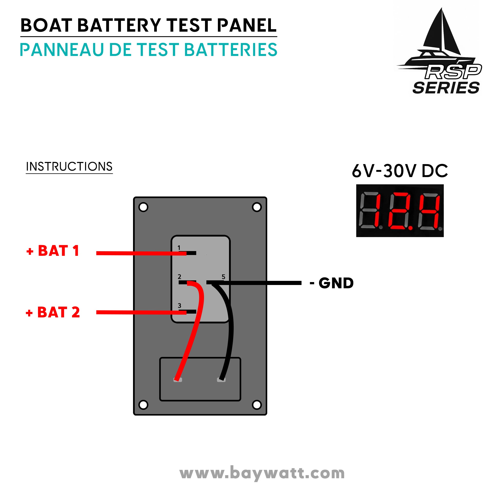 Schema de branchement du panneau de test batterie Baywatt avec câblage préinstallé, voltmètre LED rouge et interrupteur à bascule pour 2 batteries