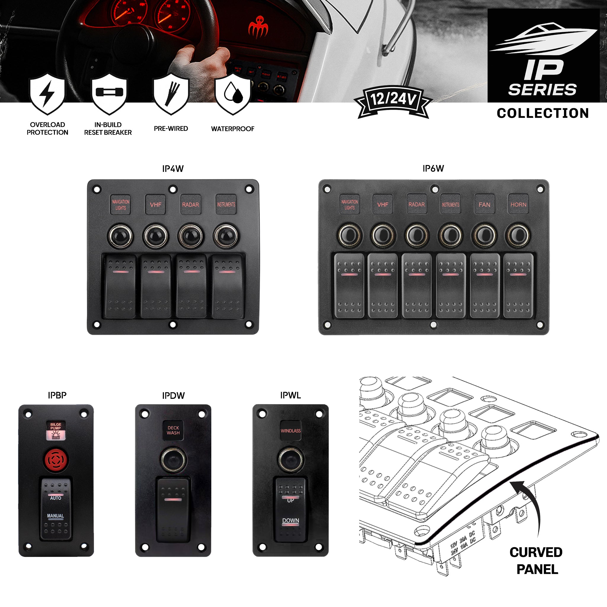 Panneaux de commutateurs marins avec étiquettes personnalisables, protection contre les surcharges, et conception étanche pour bateaux.