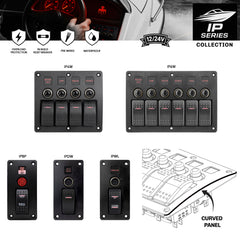 Panneaux de commutateurs marins avec étiquettes personnalisables, protection contre les surcharges, et conception étanche pour bateaux.