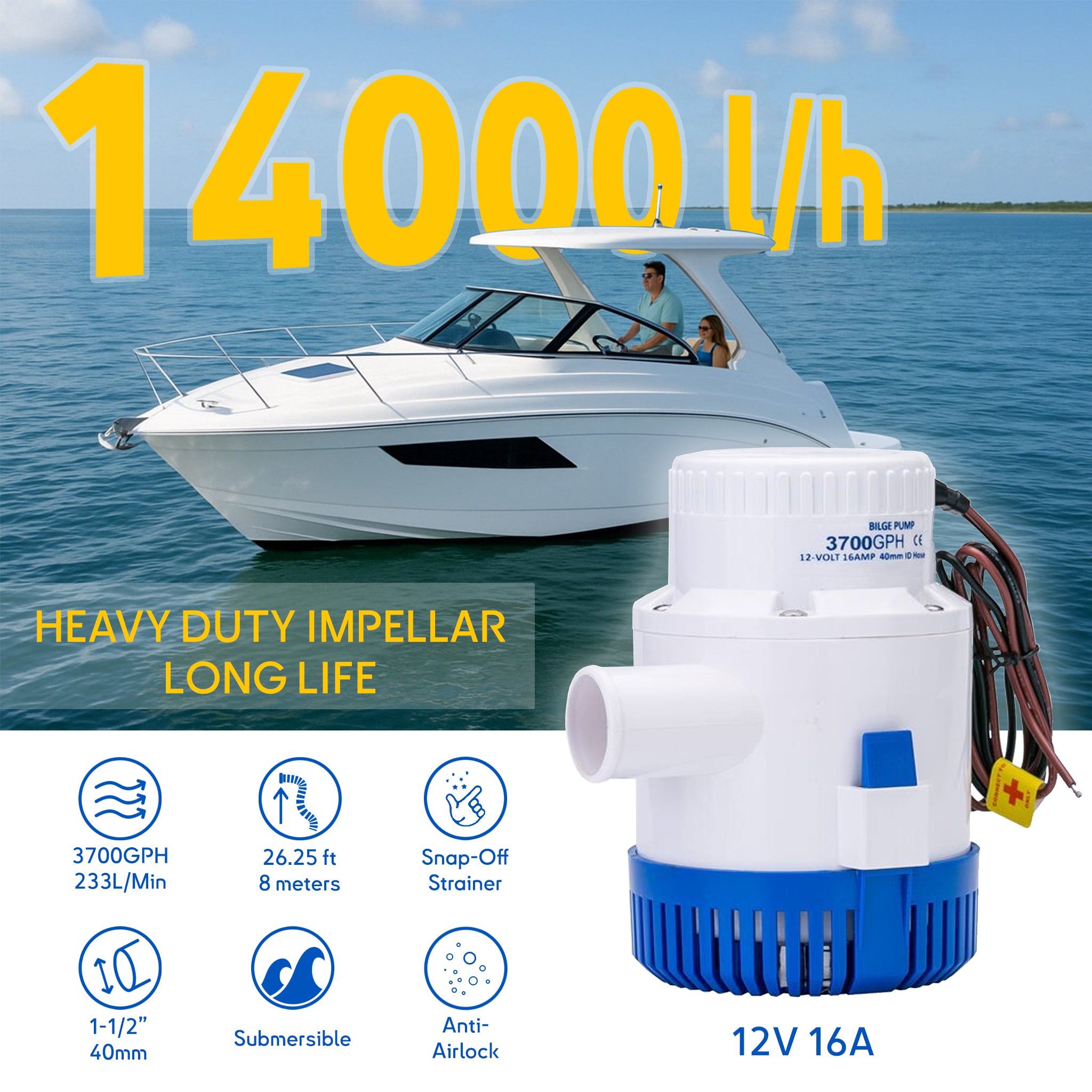 Pompe de cale bateau 14000L/h Forte puissance 12V 16A submersible tube 40mm