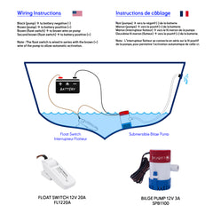Schema de branchement pompe de cale 1100gph 12v avec interrupteur flotteur illusatration baywatt