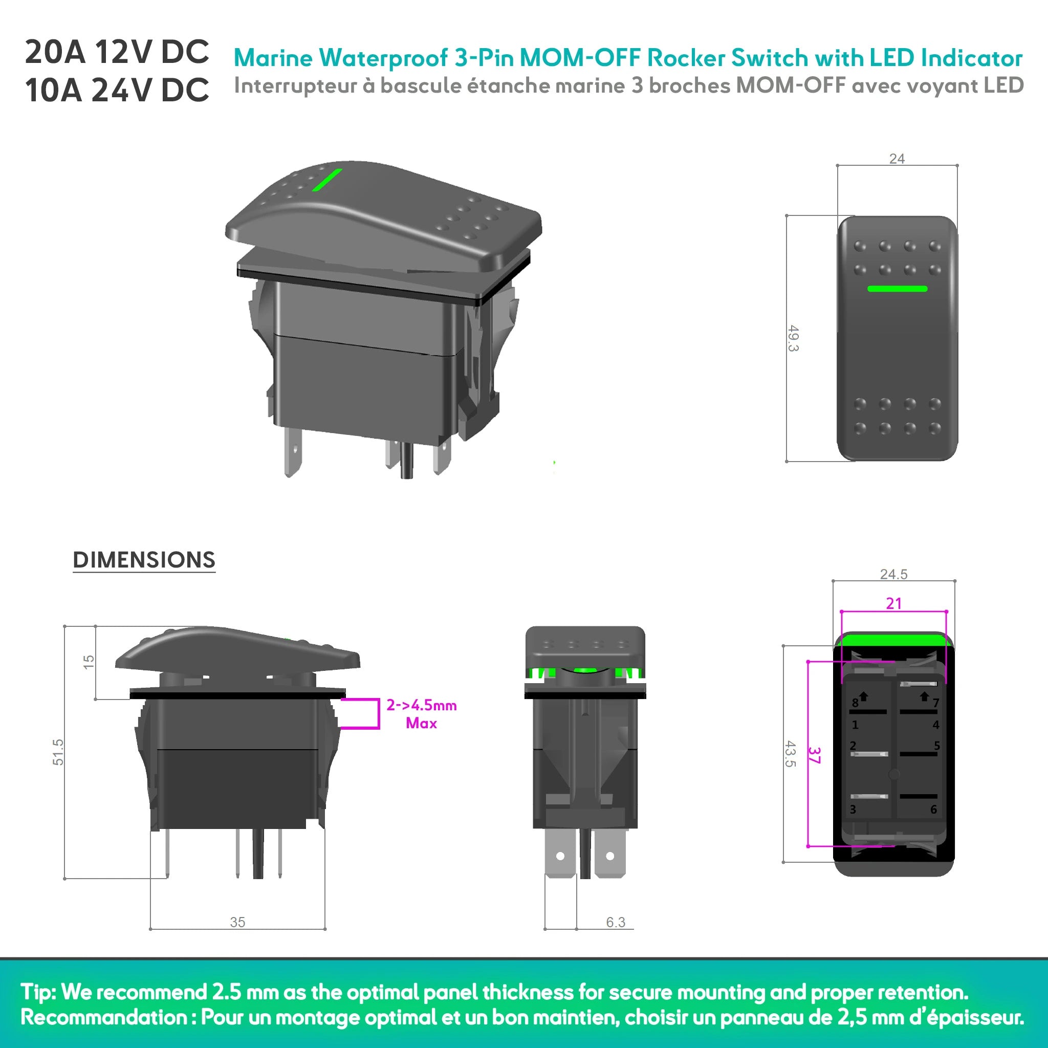 Dimensions of Baywatt R0-N02 momentary (ON)-OFF waterproof rocker switch, 37.2 x 21.2 mm cut-out, 12V/24V
