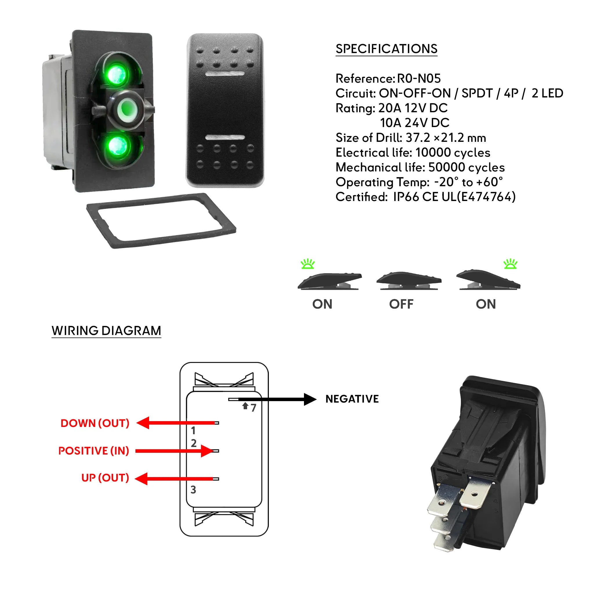 Wiring diagram for Baywatt R0-N05 (ON)-OFF-ON SPDT Switch. Pinout guide for marine bilge pumps, actuators, and 12V/24V control panels