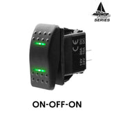 Baywatt R0-N05 Marine Rocker Switch (ON)-OFF-ON SPDT, 4-Pin Dual Green LED, 12V/20A Waterproof IP66, Contura V Style.