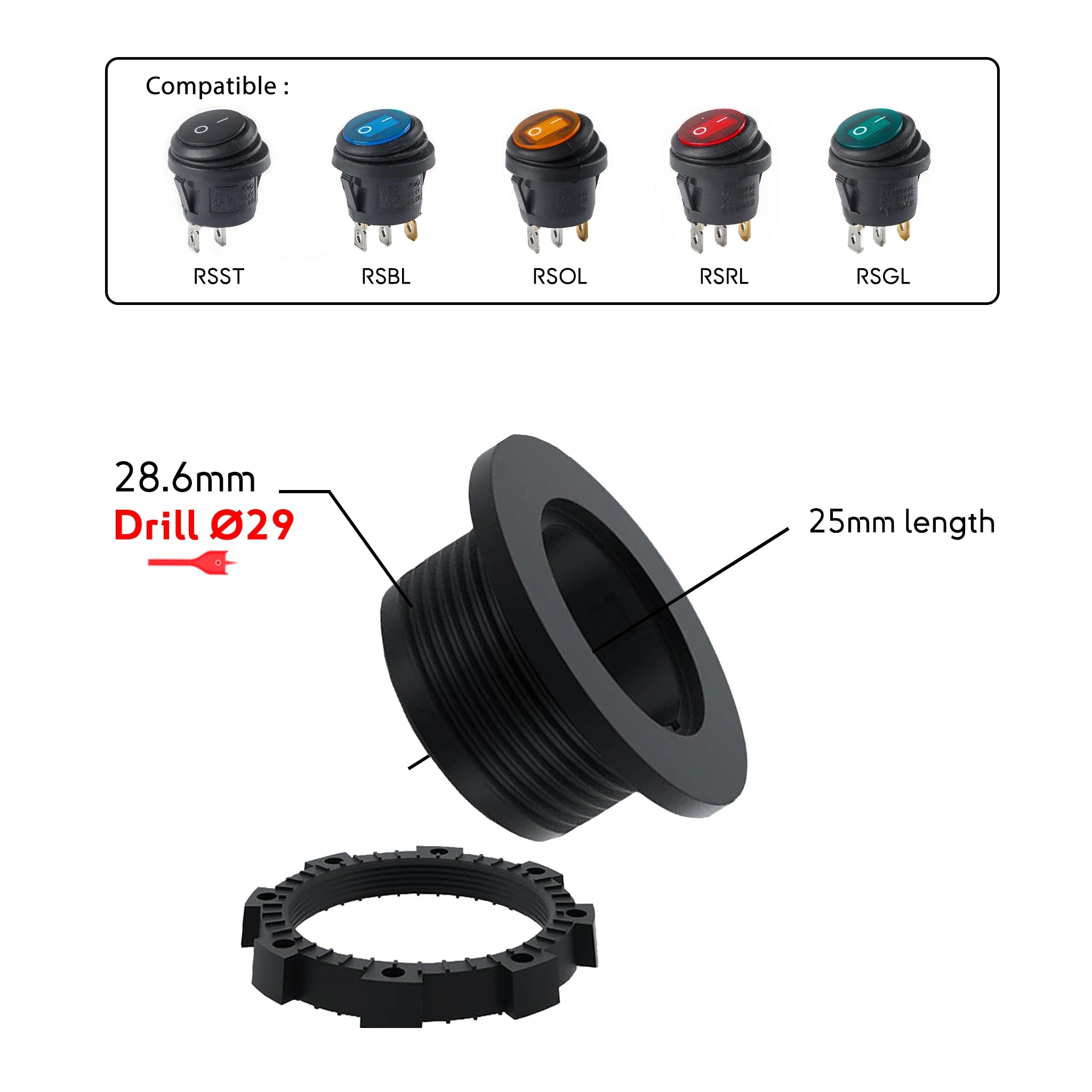 Technical diagram of a marine panel mount bracket for round rocker switches, showing a 28.6mm diameter and 25mm length for flush-fit boat dashboards.