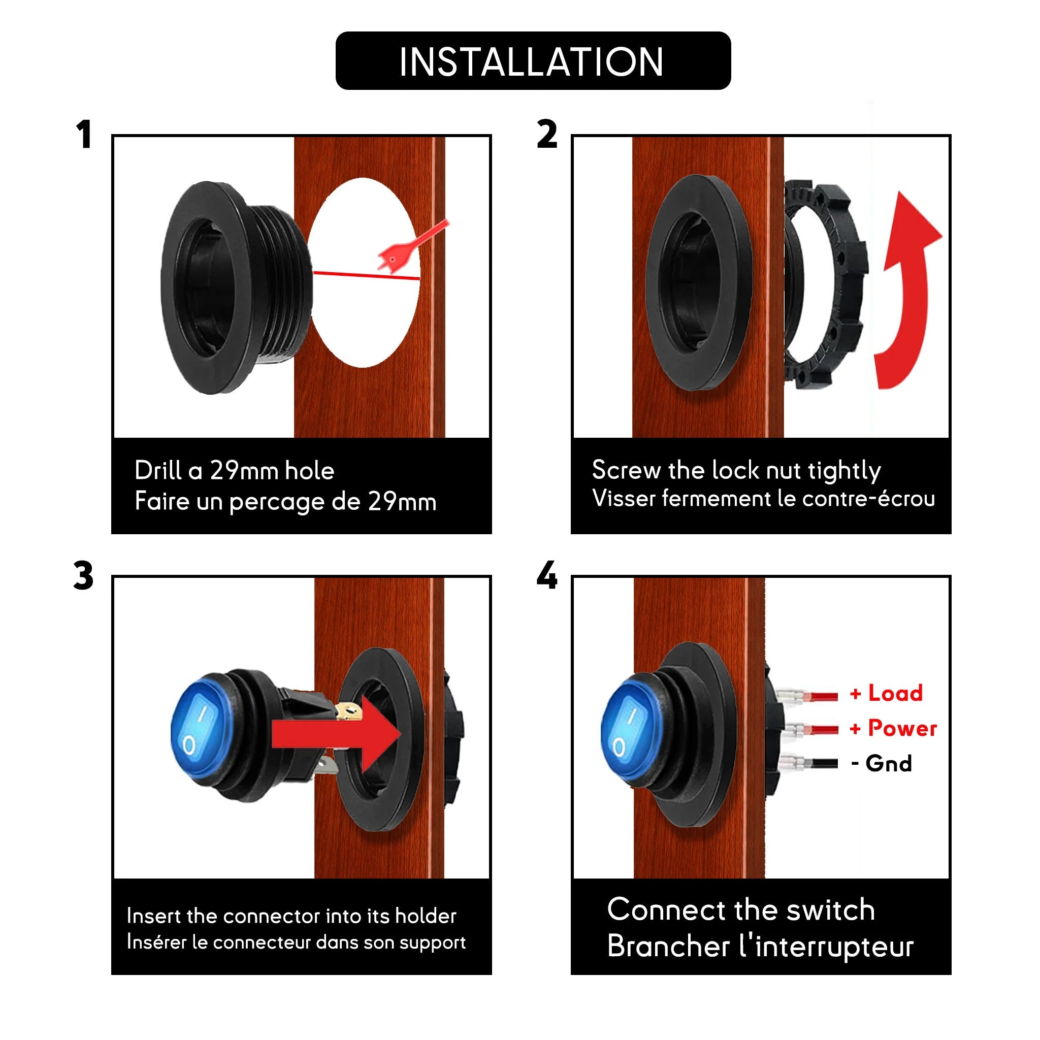 Étapes d'installation d'un interrupteur marin : perçage de 29mm, fixation par contre-écrou et branchement électrique (Charge, Alimentation, Masse).