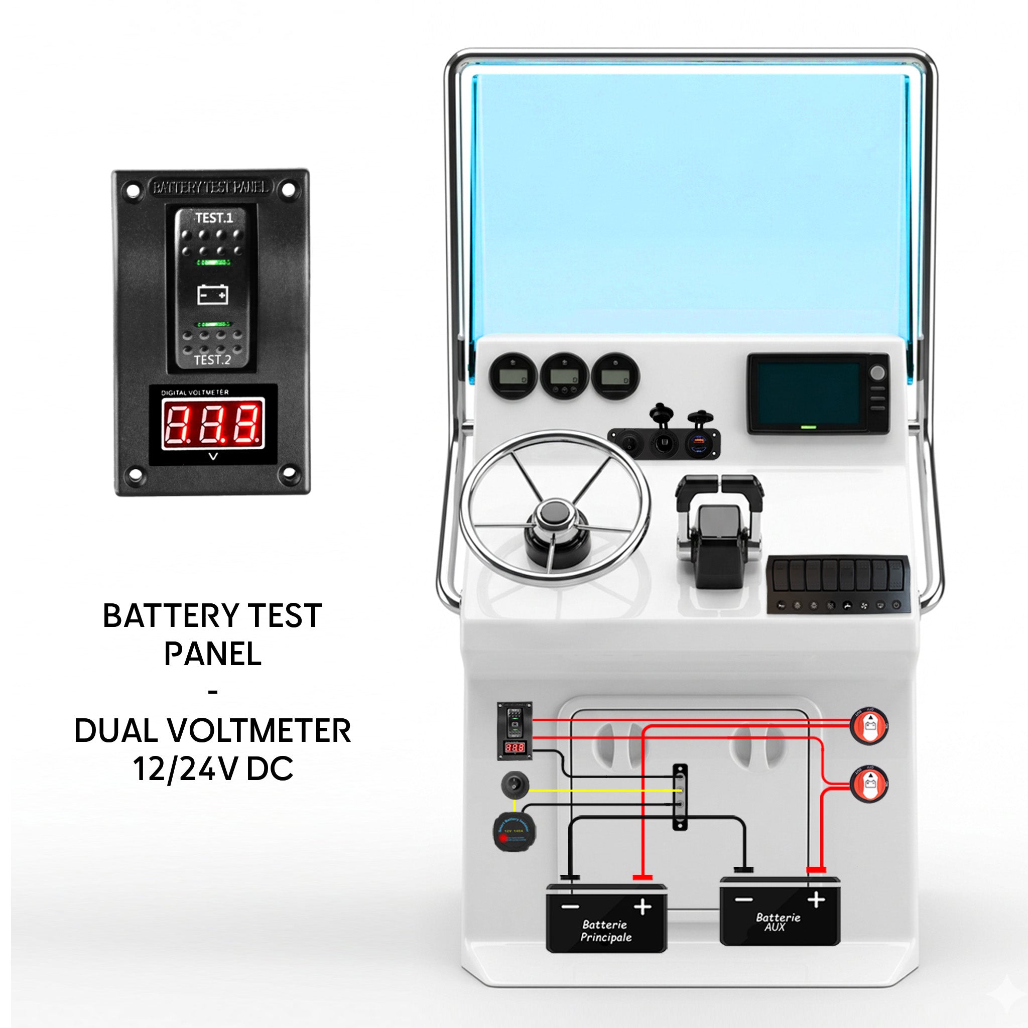 Battery test boat panel with dual voltmeter and wiring diagram on center console