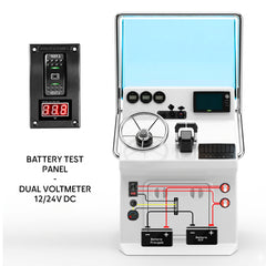 Battery test boat panel with dual voltmeter and wiring diagram on center console