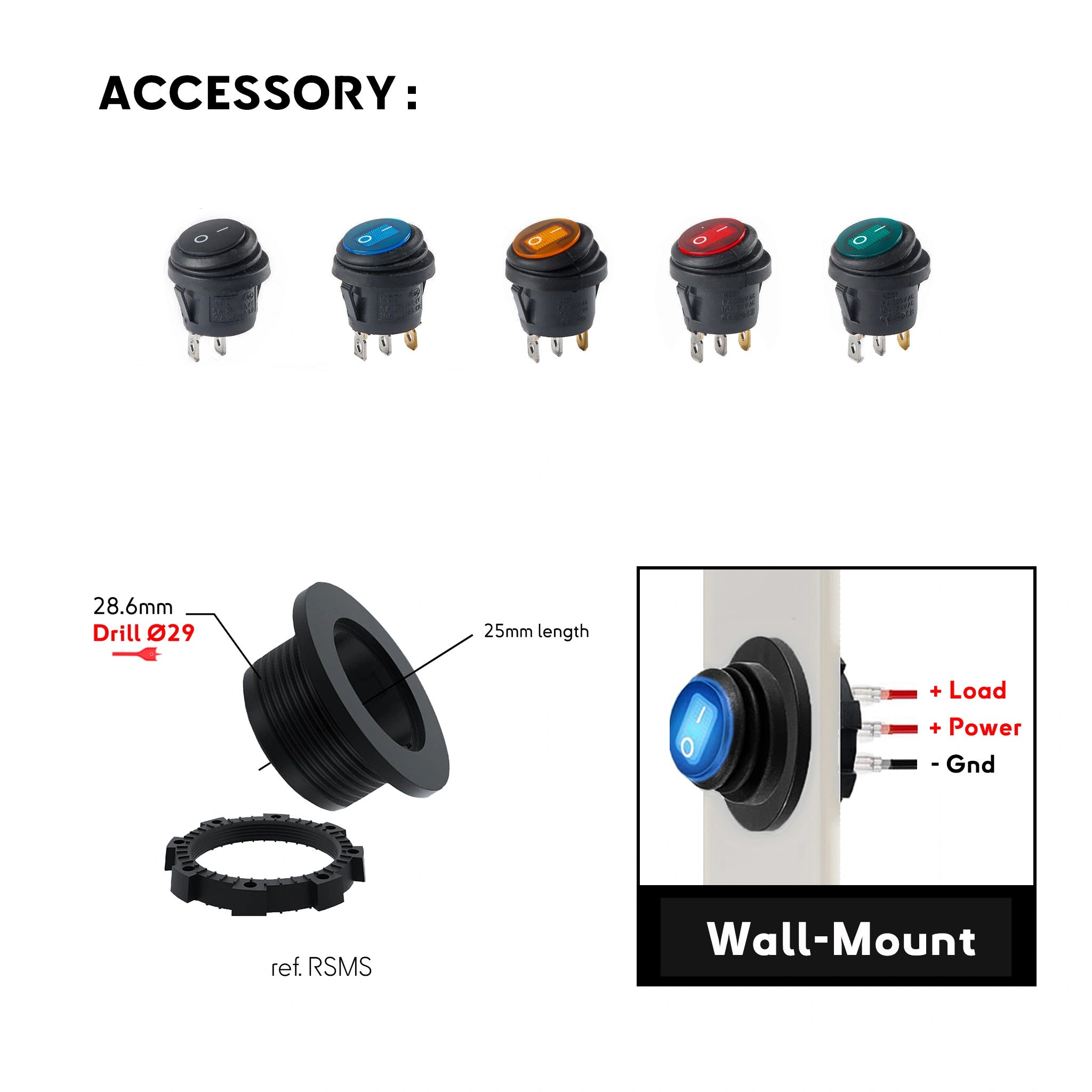 RSMS wall-mount bracket for round waterproof rocker switch with panel drill size, support ring and side wiring example