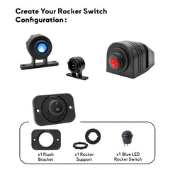 Custom rocker switch setup with flush bracket, rocker support and blue LED round rocker switch shown as a configuration example