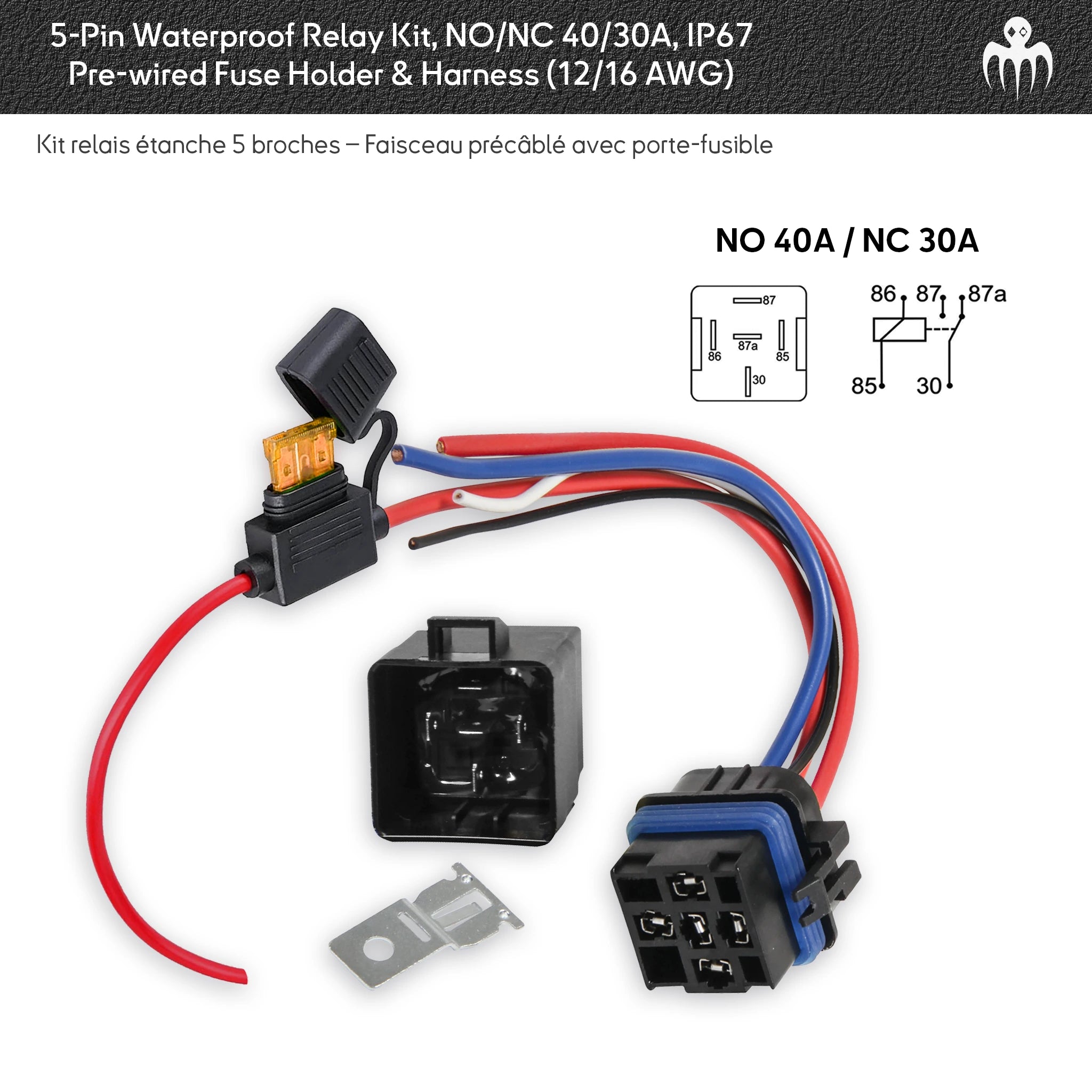 5-pin waterproof relay kit 12V DC (NO/NC) 40/30A, IP67 sealed connector and pre-wired harness with fuse holder — marine/automotive relay (RW1240).