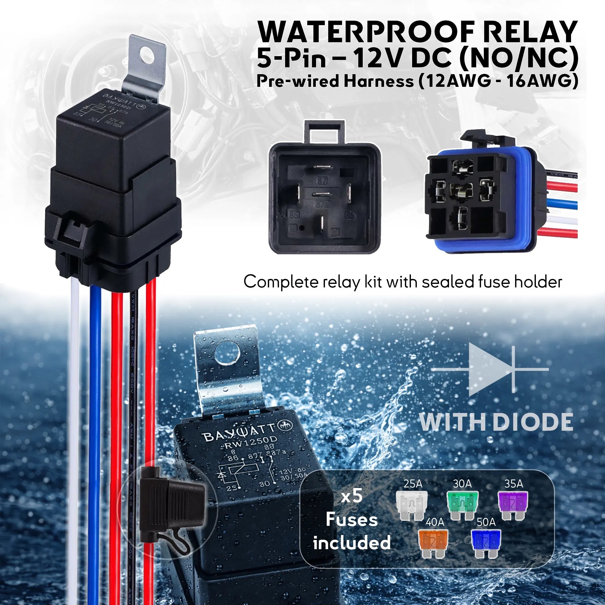 Waterproof relay 12V 5-pin NO/NC 40A/30A with sealed socket and fused wiring harness for boats