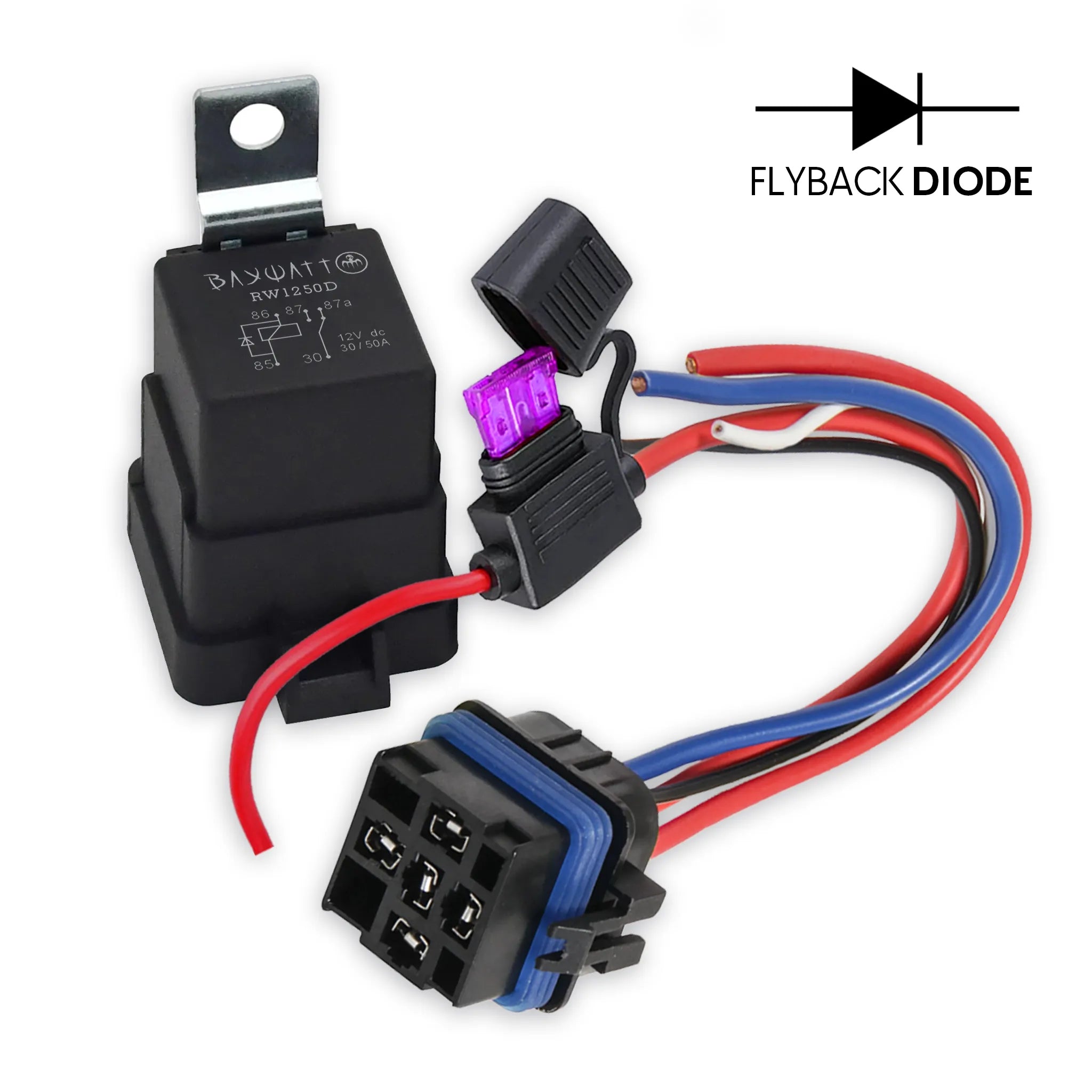 Kit relais diode étanche IP67 12V 5 broches SPDT avec connecteur scellé et porte-fusible en ligne, usage marin.