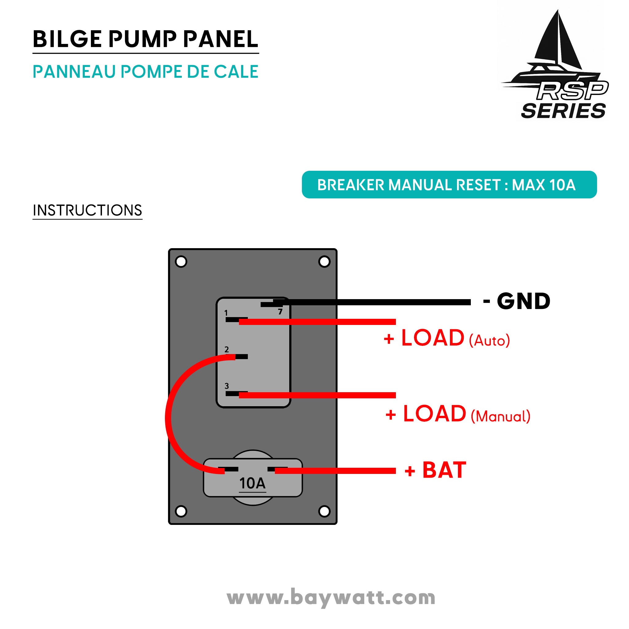 Vue arrière du panneau interrupteur pompe de cale avec câblage préinstallé, bornes à vis, disjoncteur réarmable et LED intégrées pour bateau 12/24V