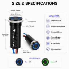 Bouton poussoir réarmable RESOLUTE IP68 avec filetage M22, LED bicolore et disjoncteur thermique 3 à 20A