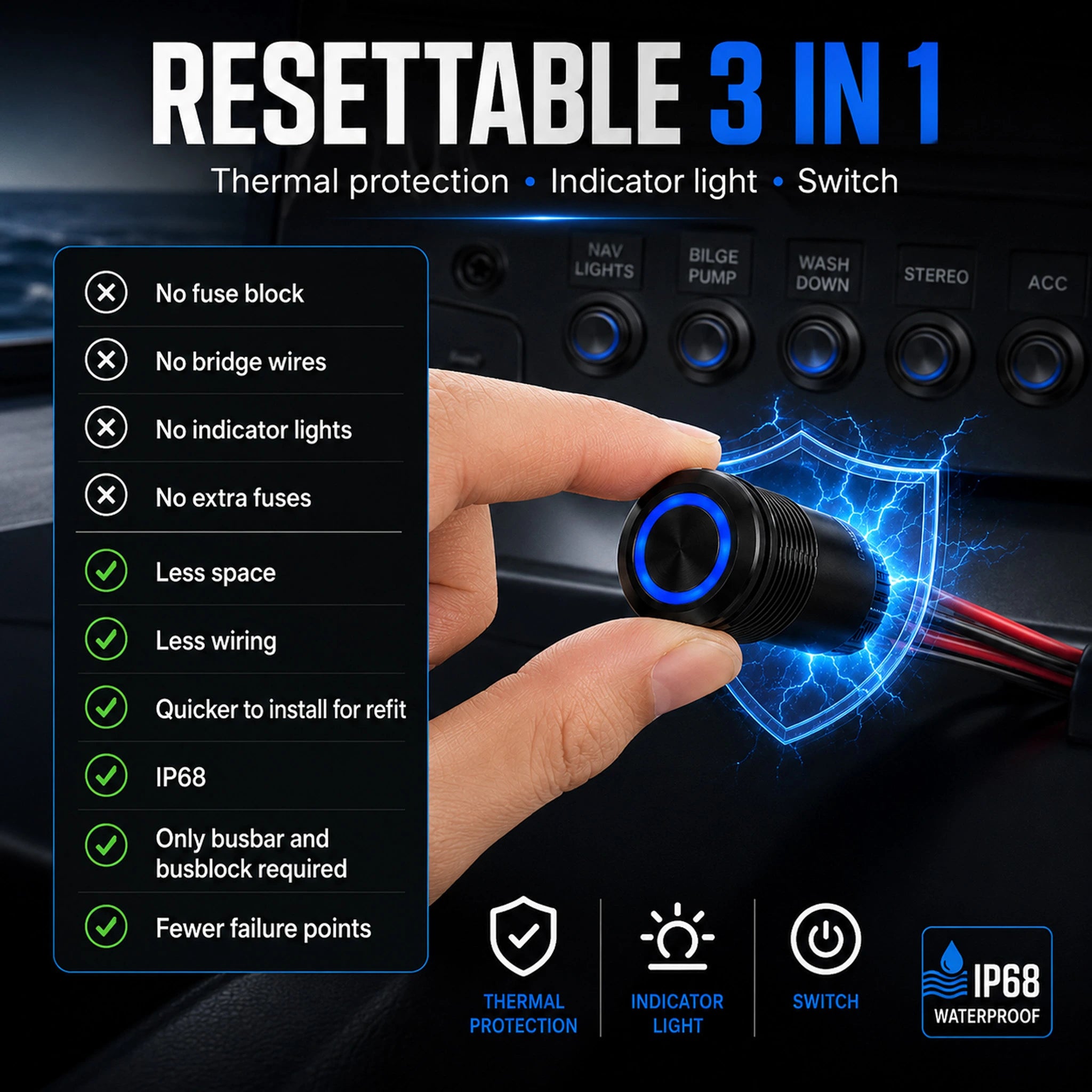Bouton poussoir réarmable RESOLUTE IP68 avec protection thermique intégrée, LED bicolore et fonction interrupteur 12/24V