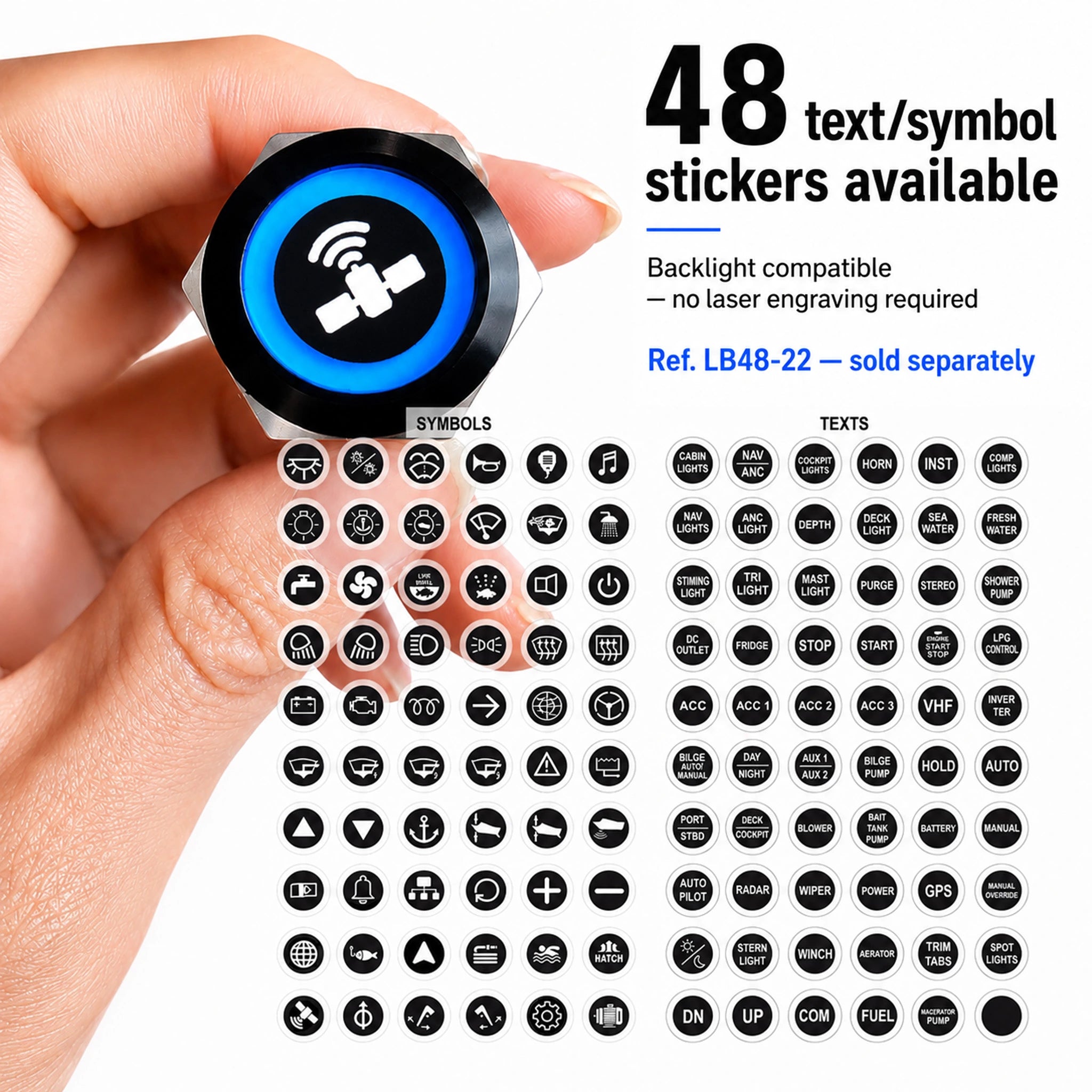 Bouton poussoir RESOLUTE avec symbole rétroéclairé et stickers texte ou icône compatibles sans gravure laser
