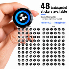 Bouton poussoir RESOLUTE avec symbole rétroéclairé et stickers texte ou icône compatibles sans gravure laser