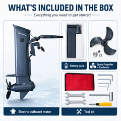 Accessoires inclus avec le moteur hors-bord électrique : batterie, hélice de rechange, quincaillerie de montage et kit d’outils.