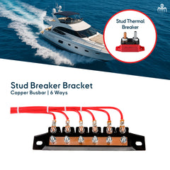 Busbar cuivre 6 voies pour fusible disjoncteurs  thermique à vis, montage compact avec support noir isolant et bornes alignées pour distribution positive.