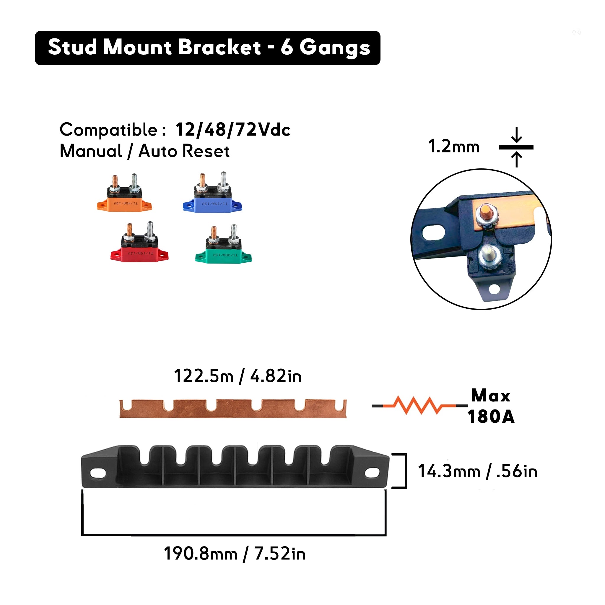 Support busbar cuivre 100 % pour disjoncteurs à plots, 6 voies, intensité maximale 180 A, conducteur rigide 1,5 mm pour distribution 12–48 V DC.
