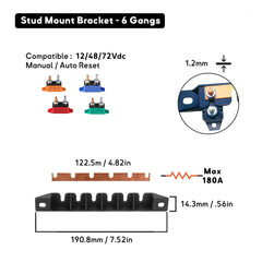 Support busbar cuivre 100 % pour disjoncteurs à plots, 6 voies, intensité maximale 180 A, conducteur rigide 1,5 mm pour distribution 12–48 V DC.