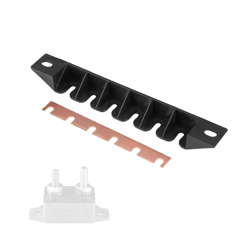 Support porte-disjoncteurs à plots 6 voies avec barre cuivre étamée, compatible disjoncteurs thermiques 12–48 V DC pour panneaux électriques marins et véhicules.
