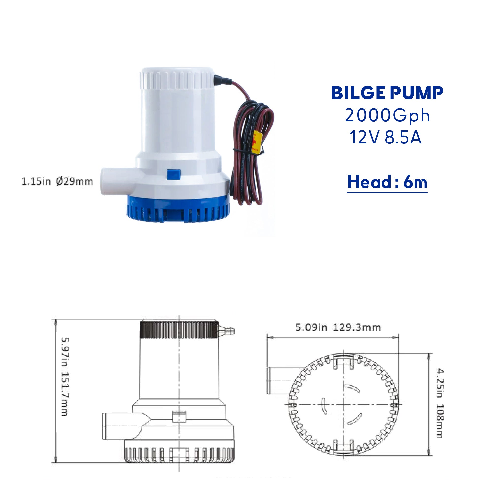 Bilge Pump 12V 2000Gph Seawatt Specifications and drawing