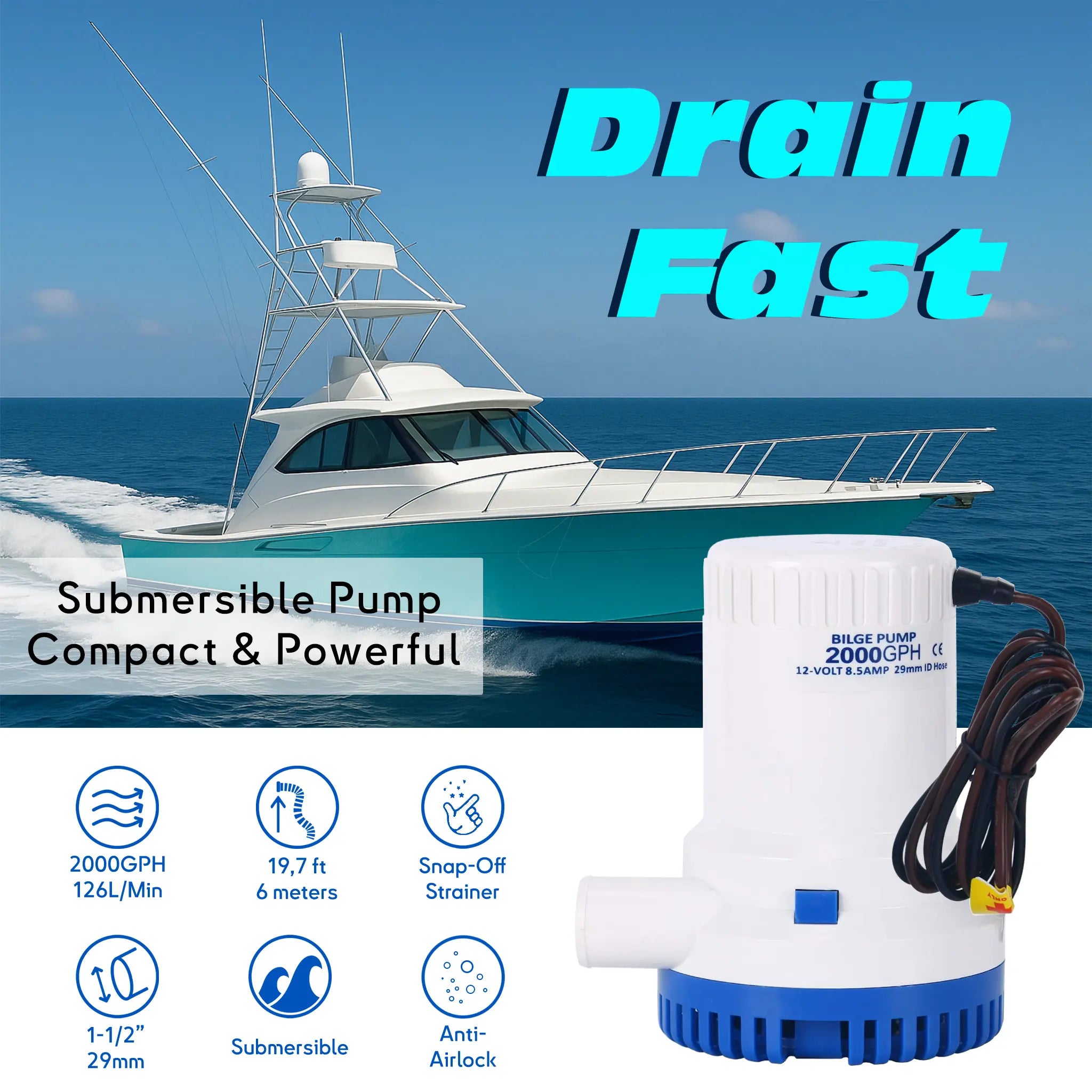 2000gph boat bilge pump 12V 8A 1-1/2'' hose submersible pump for sea water.