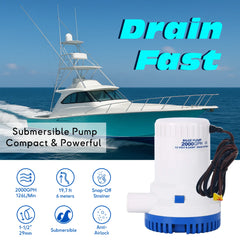2000gph boat bilge pump 12V 8A 1-1/2'' hose submersible pump for sea water.