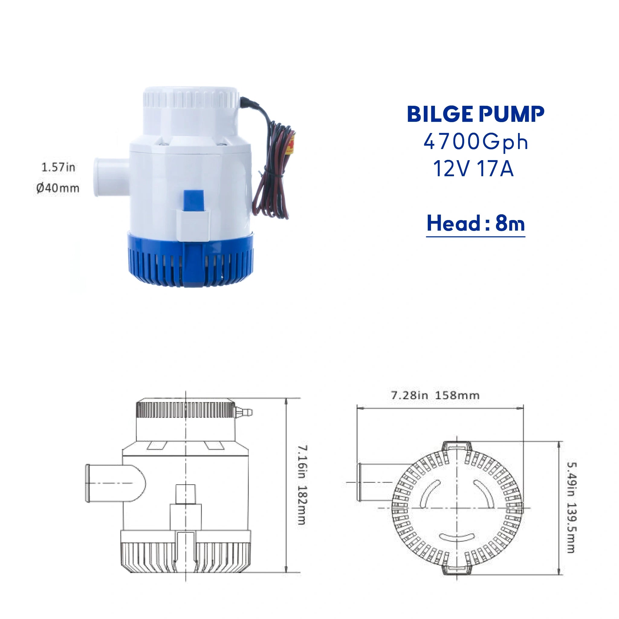 Bilge Pump Heavy Duty 4700 GPH 12V Powerful marine grade pump 1.57inch pipe