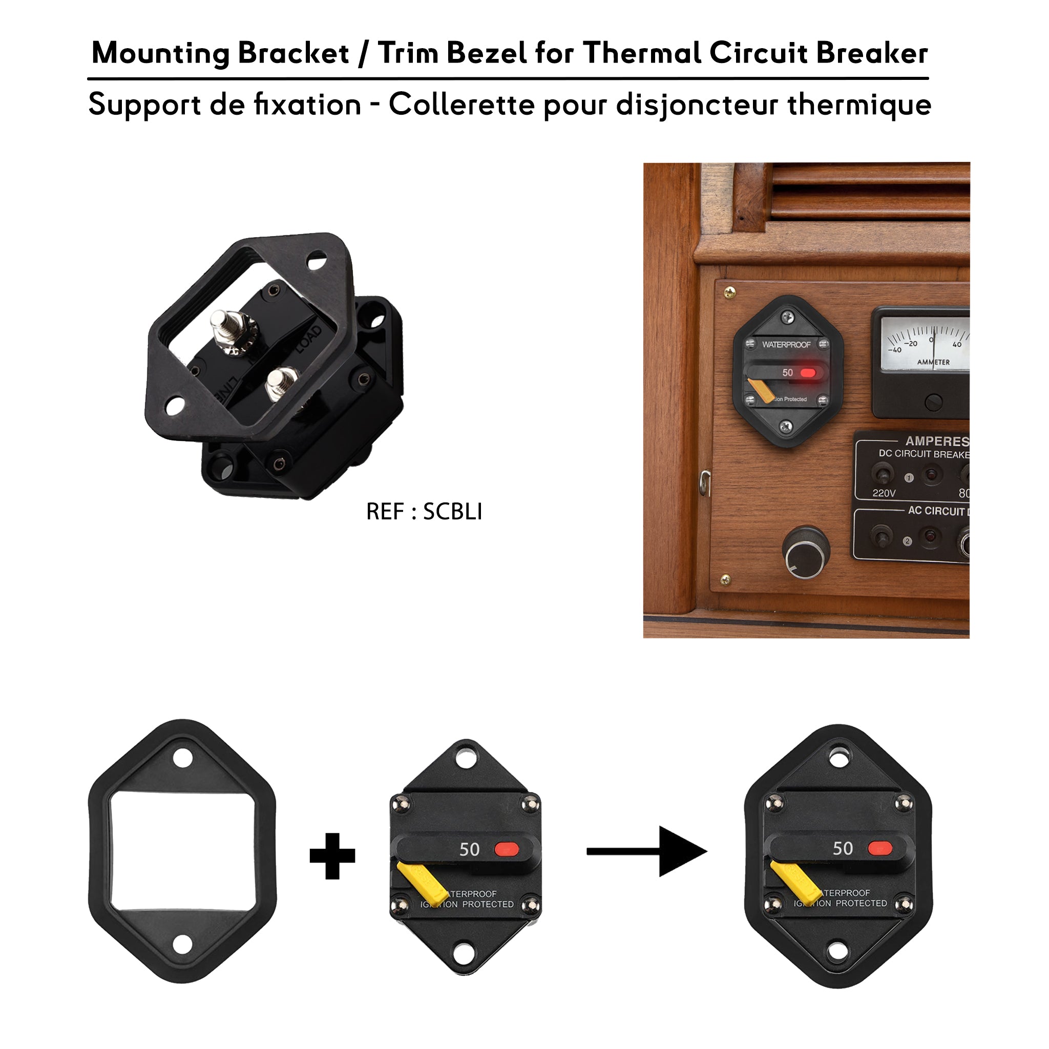 Support de fixation étanche pour disjoncteur thermique Baywatt – collerette de montage panneau, installation tableau électrique bateau.