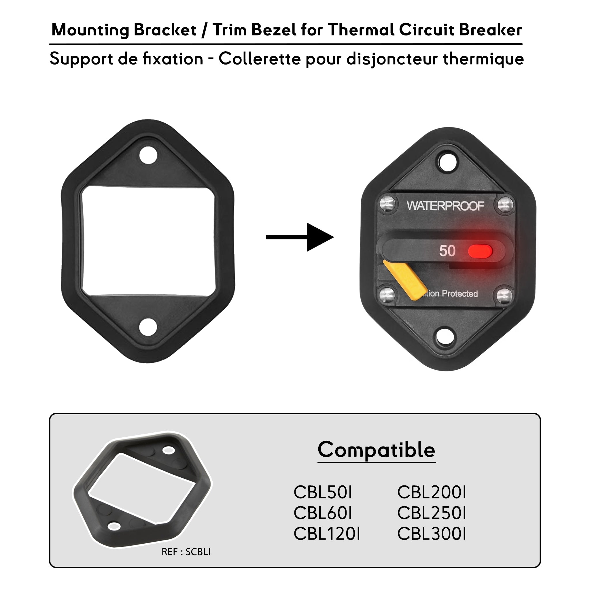 Trim bezel mounting bracket for thermal circuit breaker – waterproof support ring compatible with Baywatt CBL50I, CBL60I, CBL120I, CBL200I, CBL250I, CBL300I.