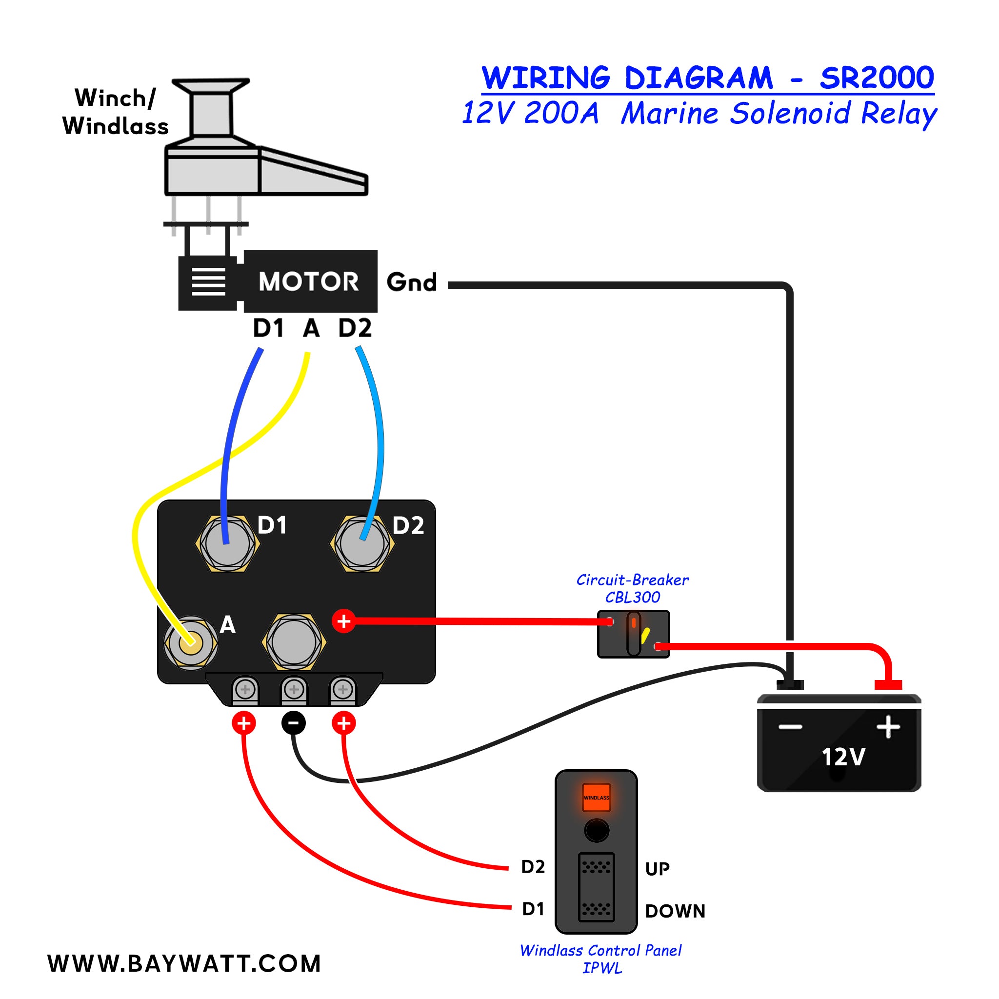 12V 200A Marine Solenoid Relay with Wiring Diagram - Baywatt Dedicated Marine Supplies Relais Solénoïde Marin 12V 200A avec Schéma de Câblage - Pour Applications bateaux navires embarcations