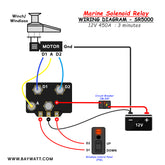 Marine Reverse Solenoid Relay Baywatt  - Heavy Duty  with wiring diagram using circuit-breaker CBL300 and Windlass control panel IPWL and a battery www.seawaff.fr copyright 12V 450A : 3 minutes shema de branche relai inverseur forte puissance pour guindeaux propulseurs d'etraves et winch. IP56 marine grade fiable et performant