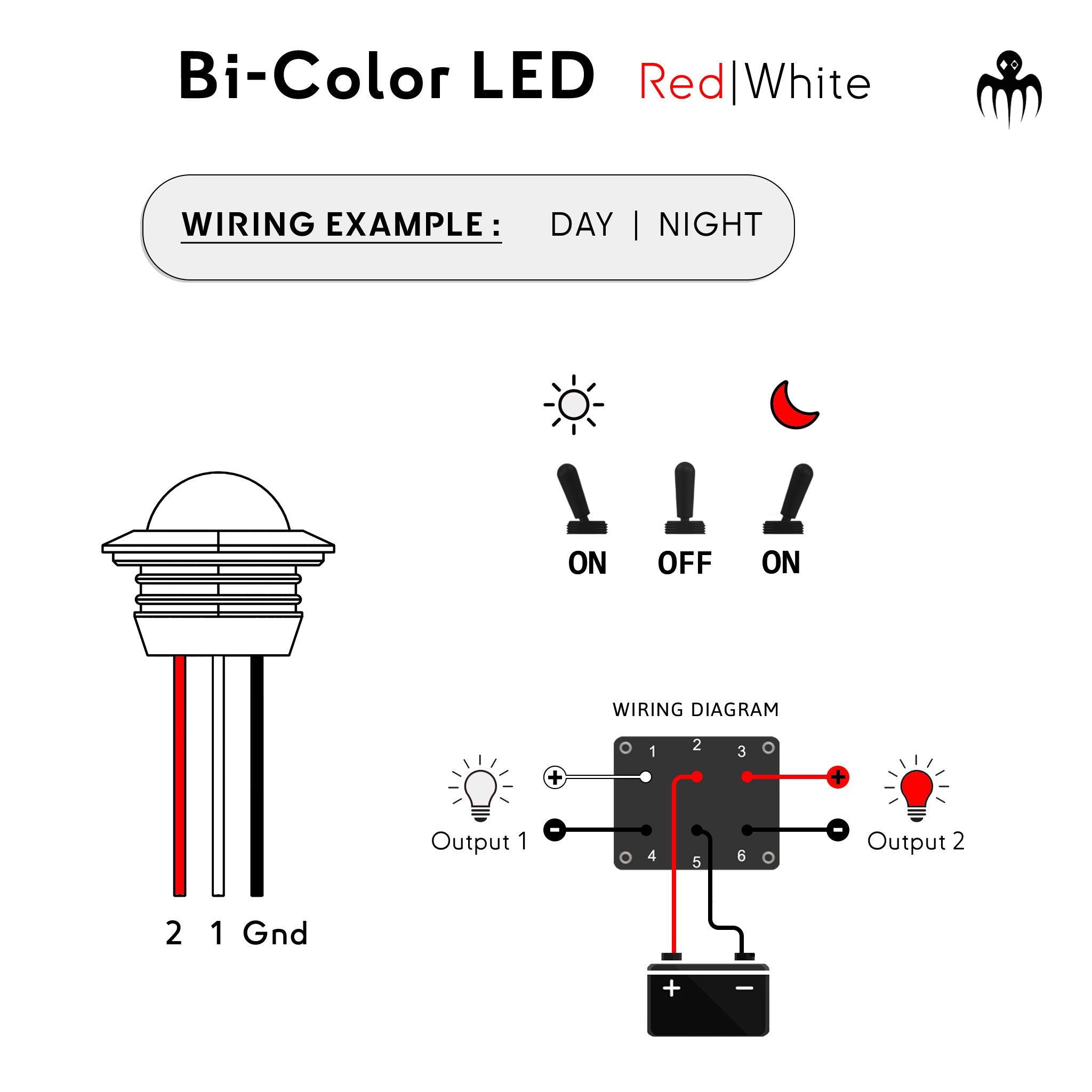 Control your red and white LEDs easily using an ON-OFF-ON toggle switch. This Baywatt LED features a simple wiring setup for seamless day/night mode switching. Works with 12V and 24V systems. Easy installation with clear wiring diagram included.