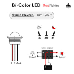 Control your red and white LEDs easily using an ON-OFF-ON toggle switch. This Baywatt LED features a simple wiring setup for seamless day/night mode switching. Works with 12V and 24V systems. Easy installation with clear wiring diagram included.
