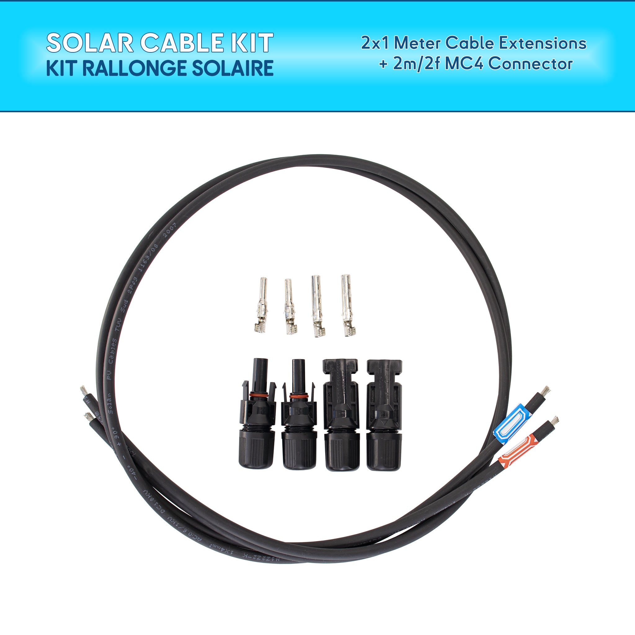 2x1 meter solar cable extension kit with male and female MC4 connectors - Perfect for quick and easy solar panel installations Ref PV41C Baywatt