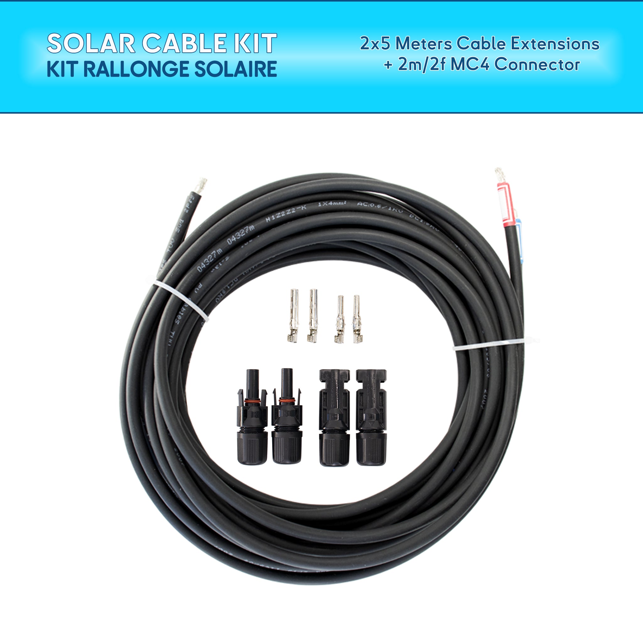 2x5 meter solar cable kit with high-performance MC4 connectors - Suitable for marine applications and outdoor installations in photovoltaic systems Ref: PV45C Baywatt