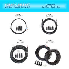 Complete solar cable kit overview featuring different lengths (1m, 3m, 5m, 10m) with MC4 connectors for flexible photovoltaic installations. Includes high-quality H1Z2Z2-K cables for reliable performance. Baywatt