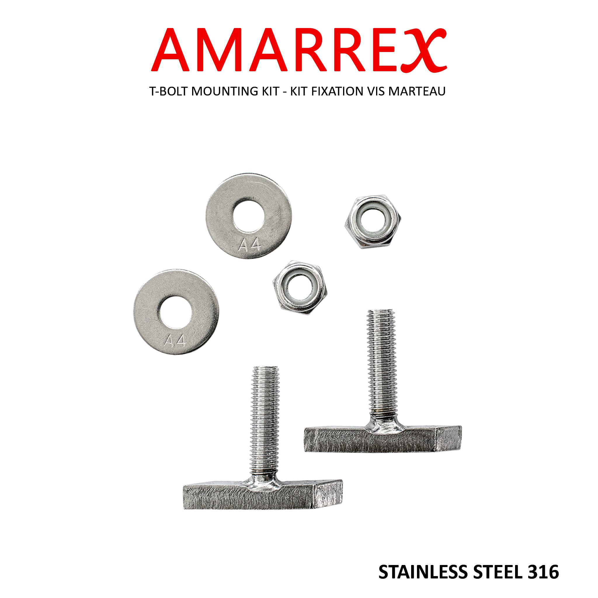Amarrex mooring line holder mounting kit: stainless steel 316 T-bolt set for dock T-rails.