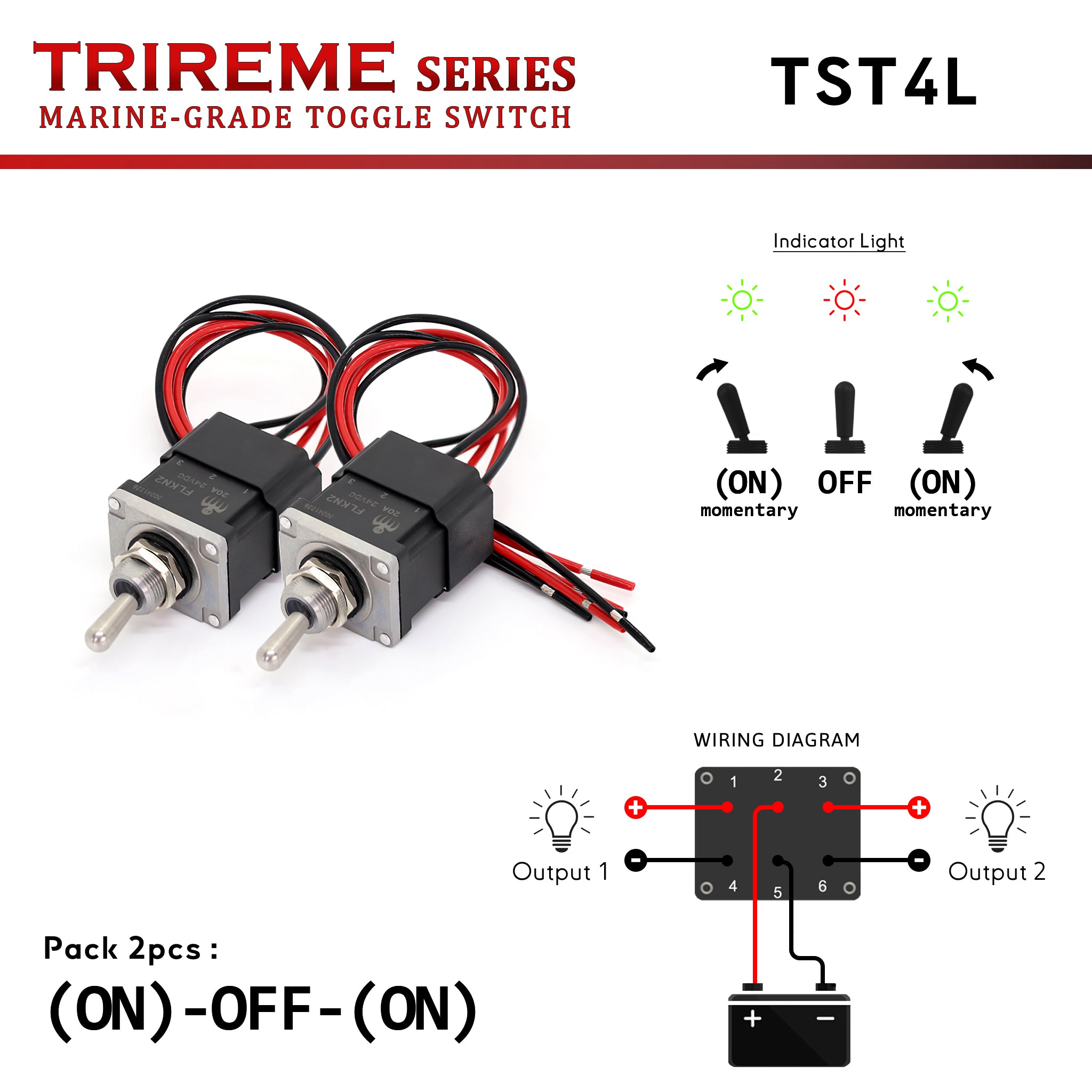TST4L est un interrupteur à tige marin DPDT (2NO2NC, bistable à mise à la masse) doté de la technologie Quick-Flick et d'un indicateur LED bicolore (Marche=Vert, Arrêt=Rouge) pour une confirmation visuelle rapide. Sa tige en inox 316 et son corps en alliage de zinc sont étanches IP67 avec un câblage scellé à l'époxy. Idéal pour les bateaux, yachts et véhicules militaires. Trireme Series by Baywatt.