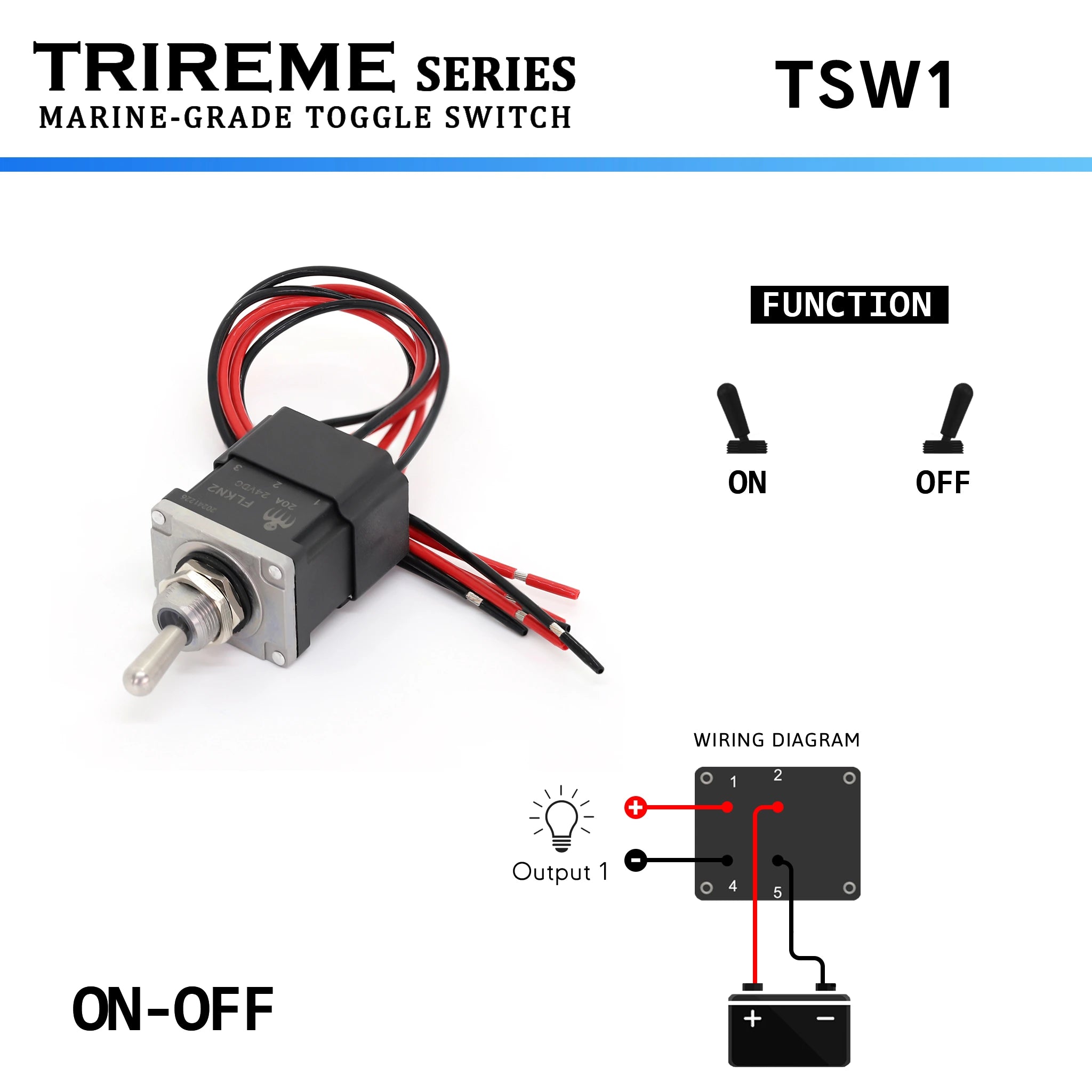 Marine toggle switch ON-OFF DPDT 2NO2NC 12/24V 20A, heavy-duty bipolar stainless steel 316 with prewired leads and waterproof sealing – TRIREME Series.